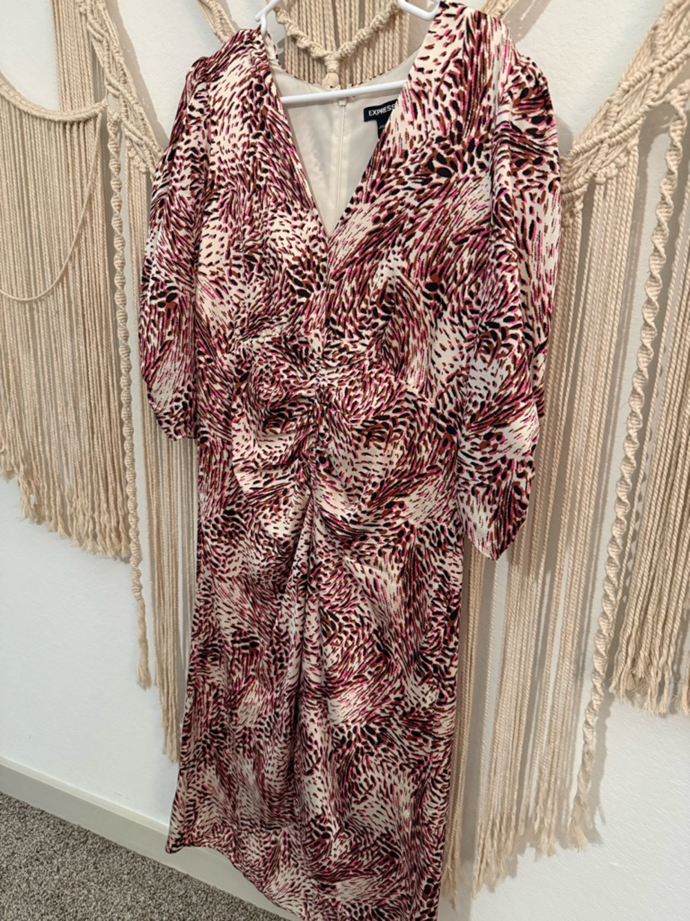 Express Pink and Cream Abstract Print Wrap-Style Midi Dress